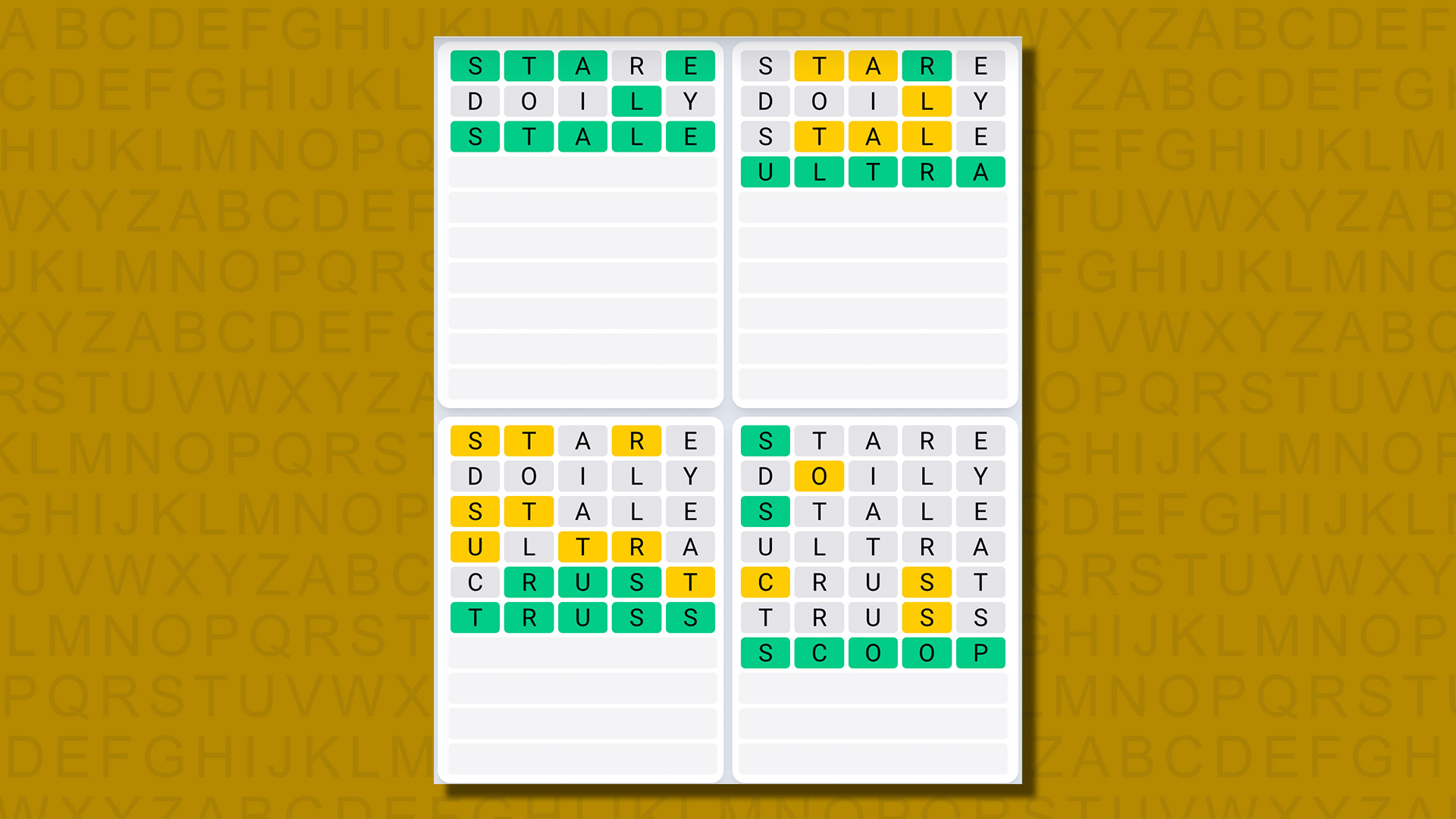 Quordle daily sequence answers for game 654 on yellow background