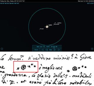 On Jan. 13, Galileo finally realized that Jupiter had four companions. To re-create the sketch, advance the time in the app to 8 p.m., bringing the tilt of the ecliptic lower. In his notes, Galileo noted that Io was sitting above the line formed by the rest.