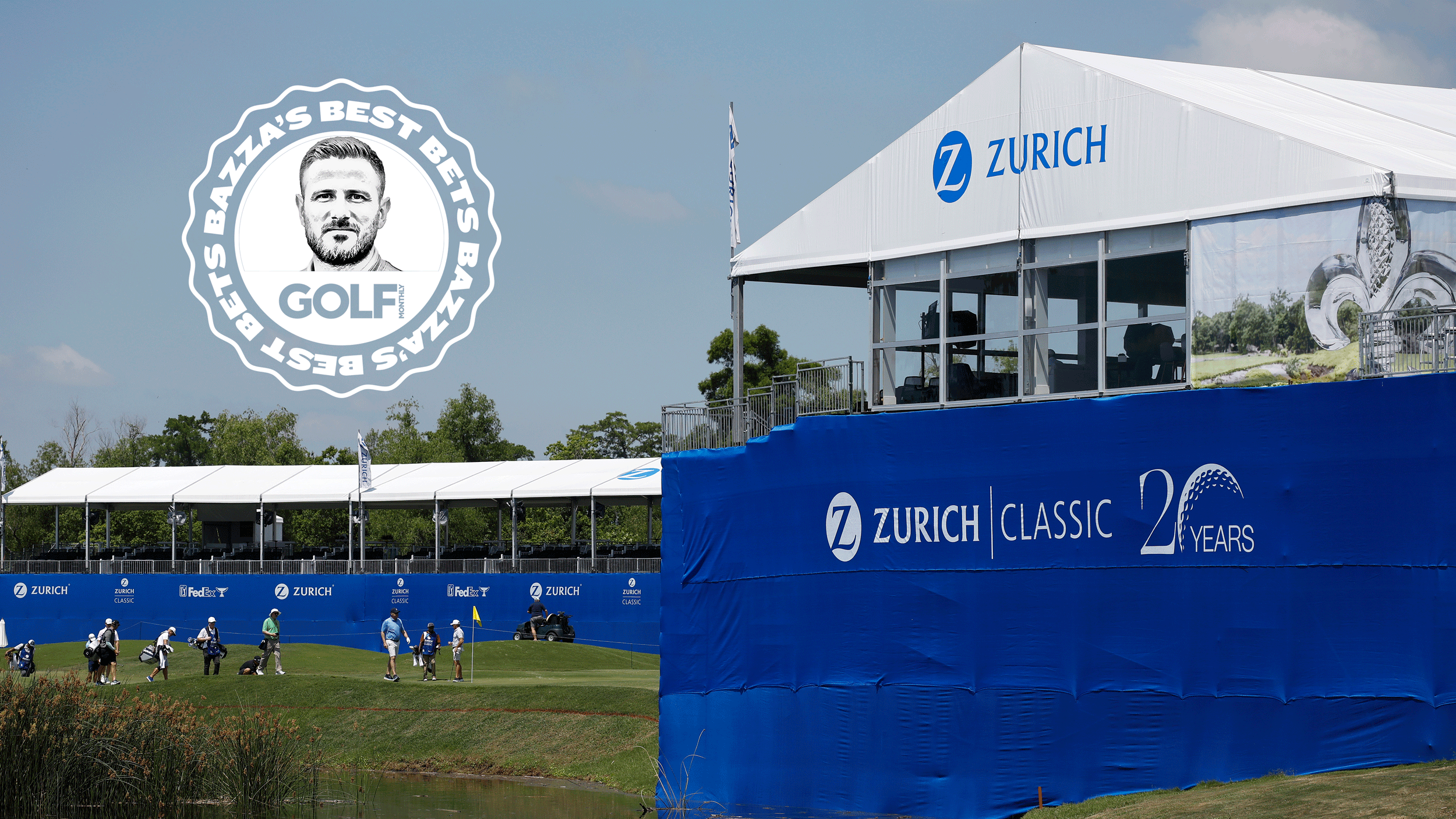 A general view of the 18th green at TPC Louisiana with Zurich Classic of New Orleans branding on and a Bazza's Best Bets sticker in the top-left corner