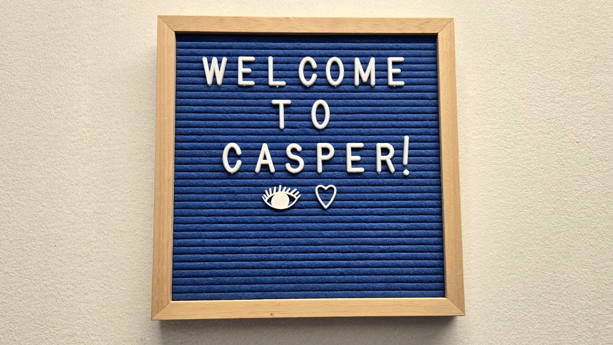 A &quot;Welcome to Casper!&quot; sign greets our sleep writer as she visits Casper Labs in Brooklyn.