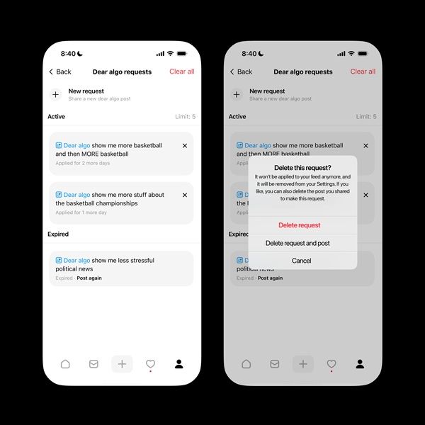 Threads lets users see their "Dear Algo" requests with the ability to deactivate them if they wish.