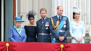 The queen joins Prince Harry, Prince William, Duchess Meghan, and Princess Kate on the Buckingham Palace balcony.