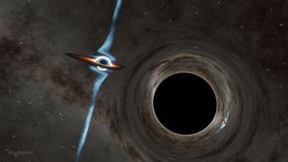 Graphic illustration shows a large black circular void - a supermassive black hole with a smaller black circle to the left - a companion black hole.