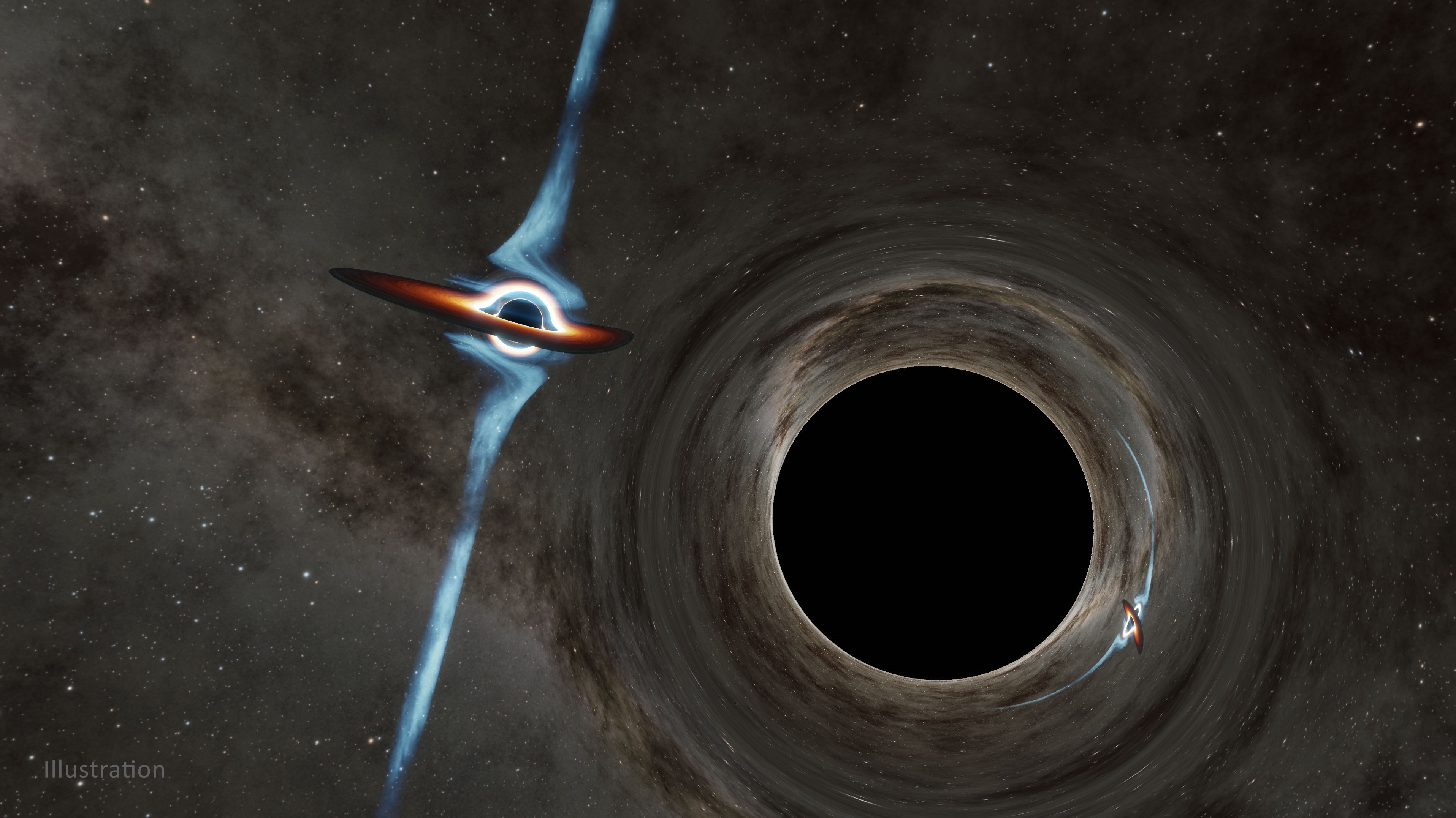 Artist's illustration of a supermassive black hole with a companion black hole orbiting around it.