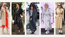 Comp image of celebrities wearing trench coats, from L-R: Reese Witherspoon, Victoria Beckham, Sandra Oh, Jane Fonda and Diane Kruger