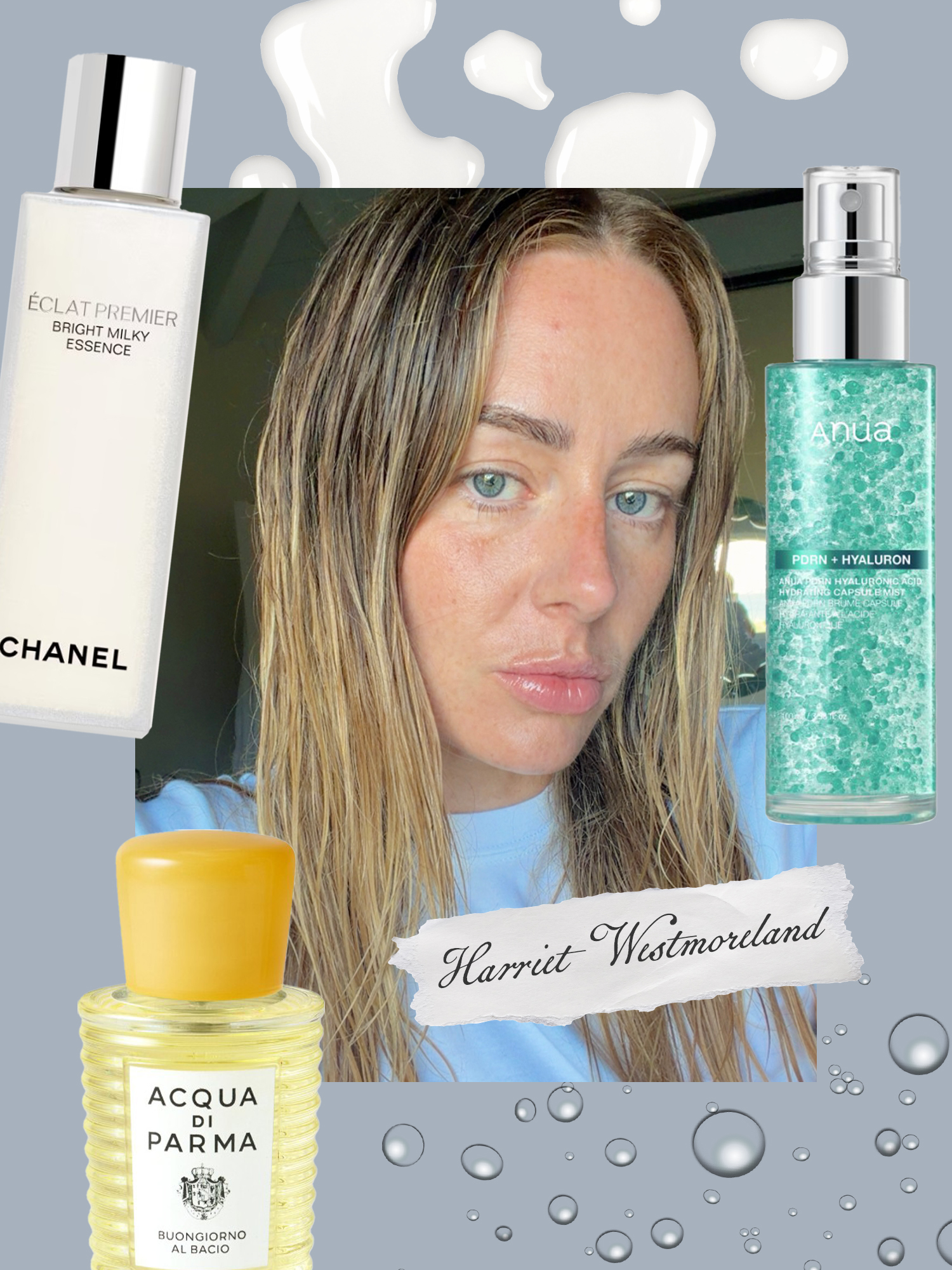 A picture of Harriet Westmoreland next to products from Chanel, Acqua di Parma and Anua