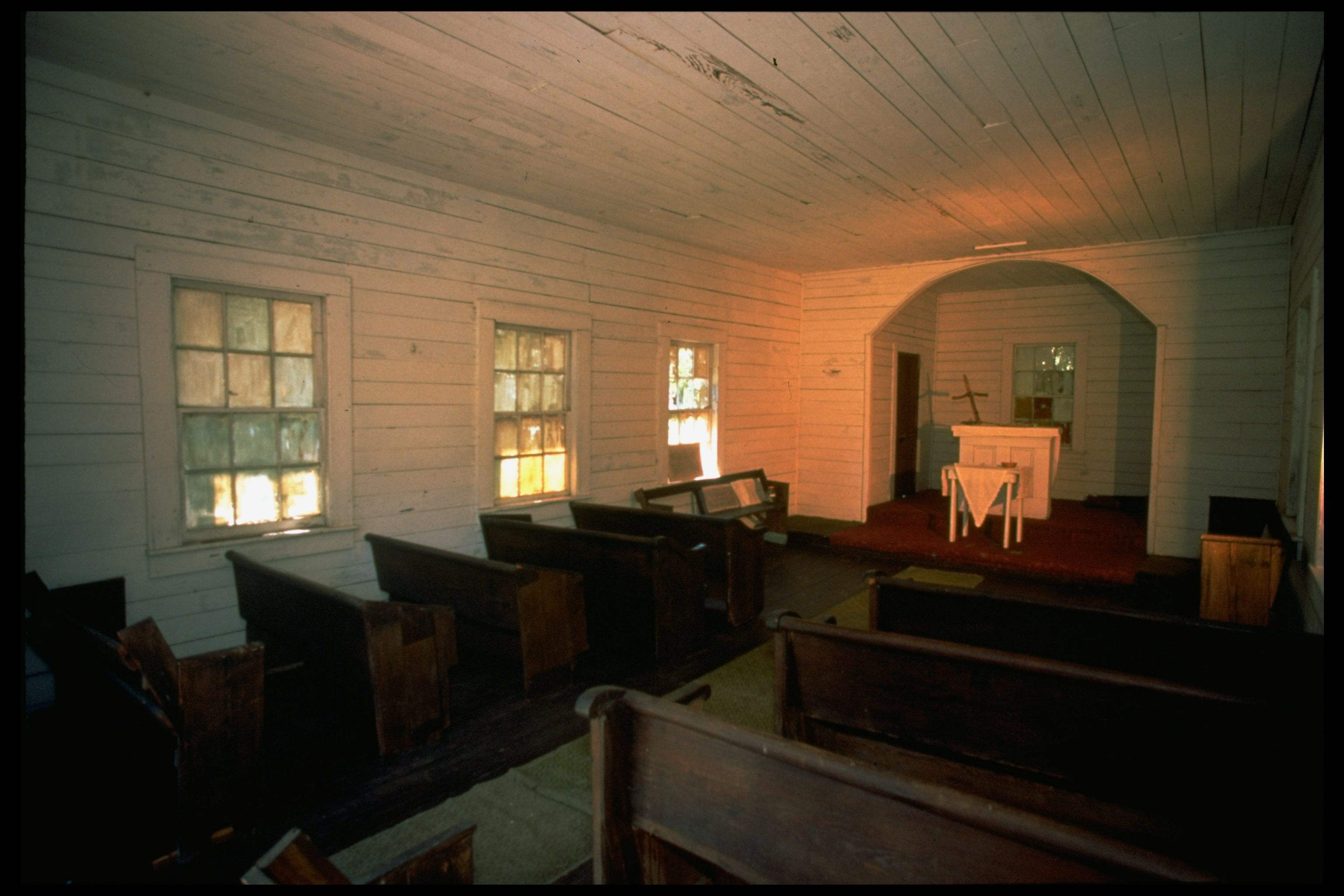 Inside of tiny First African Baptist Church where John F. Kennedy Jr. &amp;amp; publicist Carolyn Bessette held their secret wedding on Cumberland Island off coast of Georgia. (Photo by Thomas S. England/Getty Images)