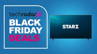 A Black Friday deals sign next to a TV displaying the Starz logo