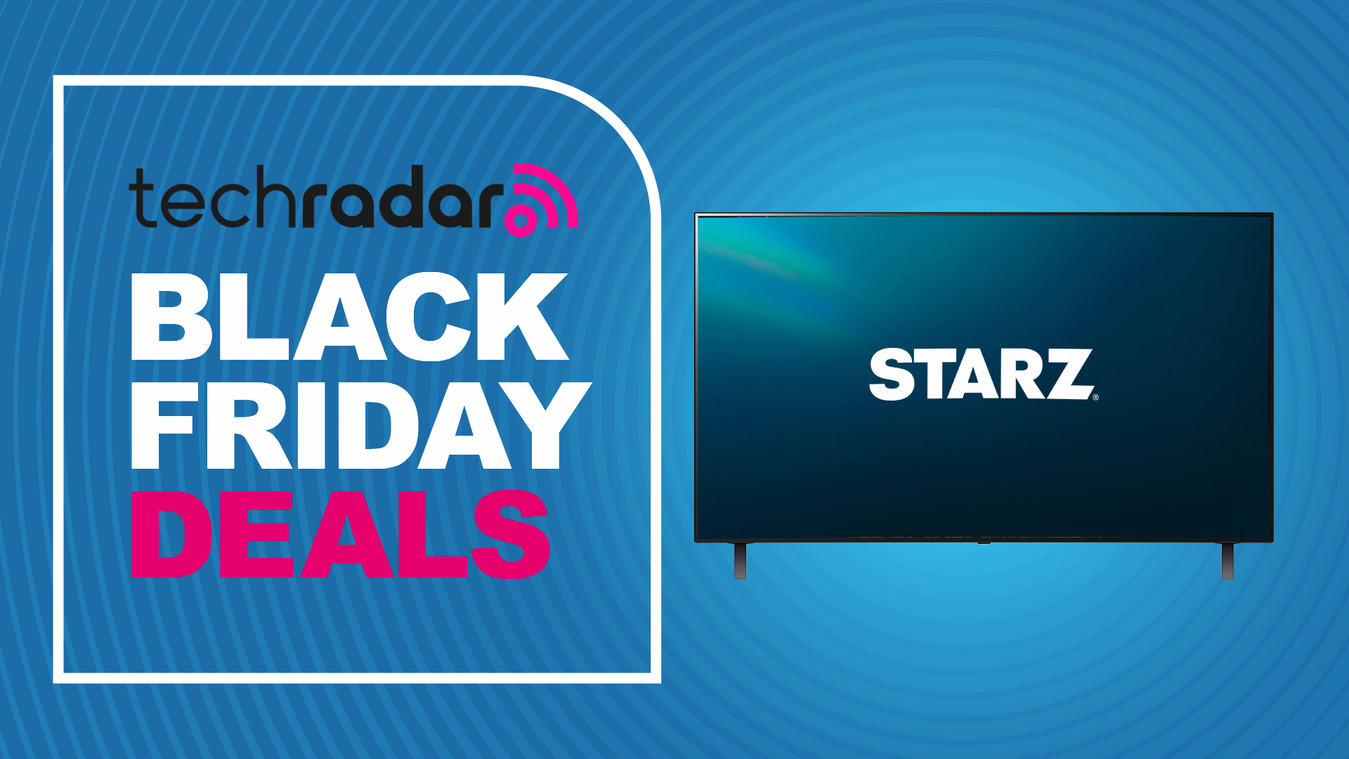 A Black Friday deals sign next to a TV displaying the Starz logo