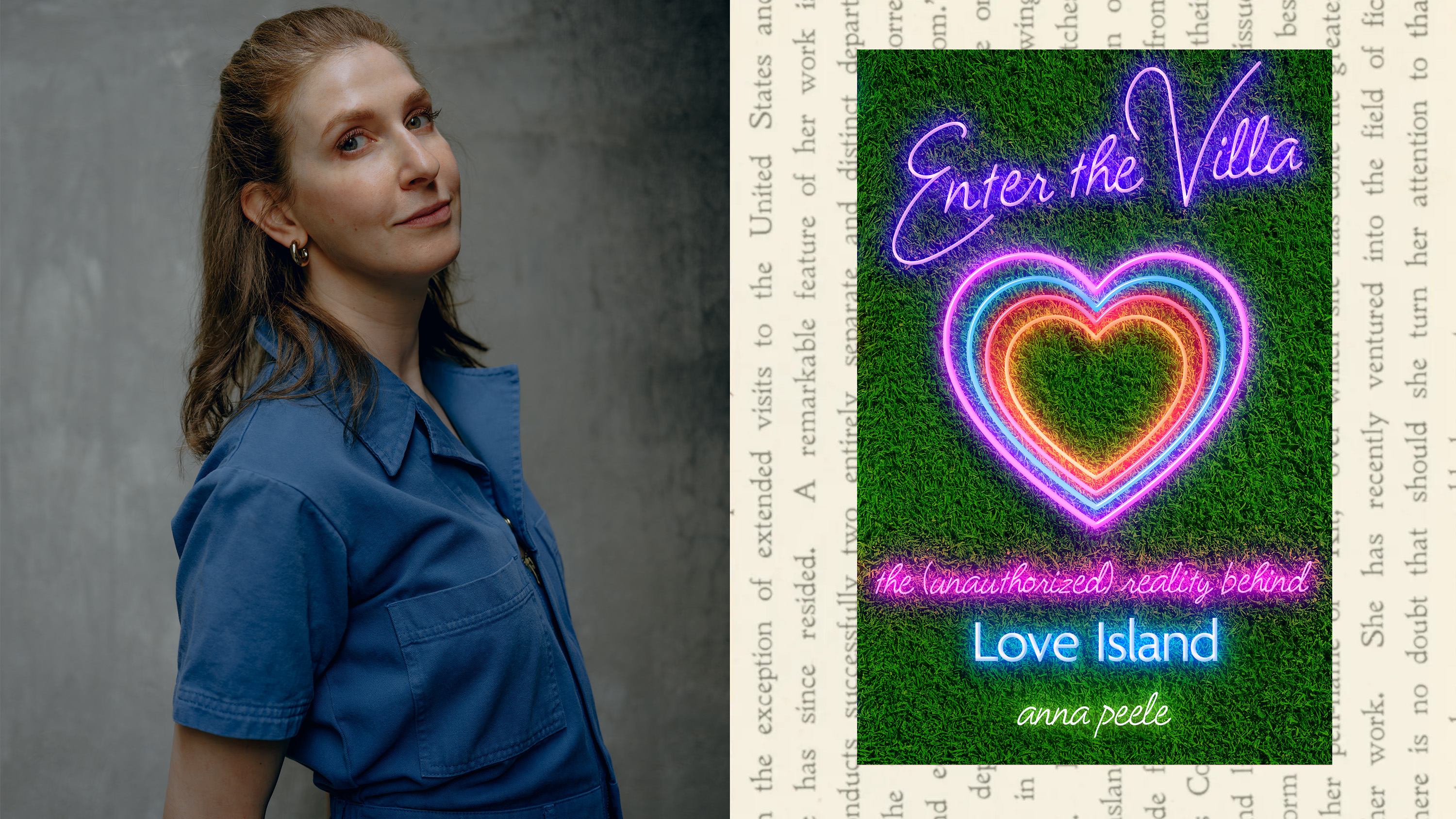 a split image of author anna peele posing in a headshot and waering a blue denim top opposite the cover of her book enter the villa featuring a neon heart