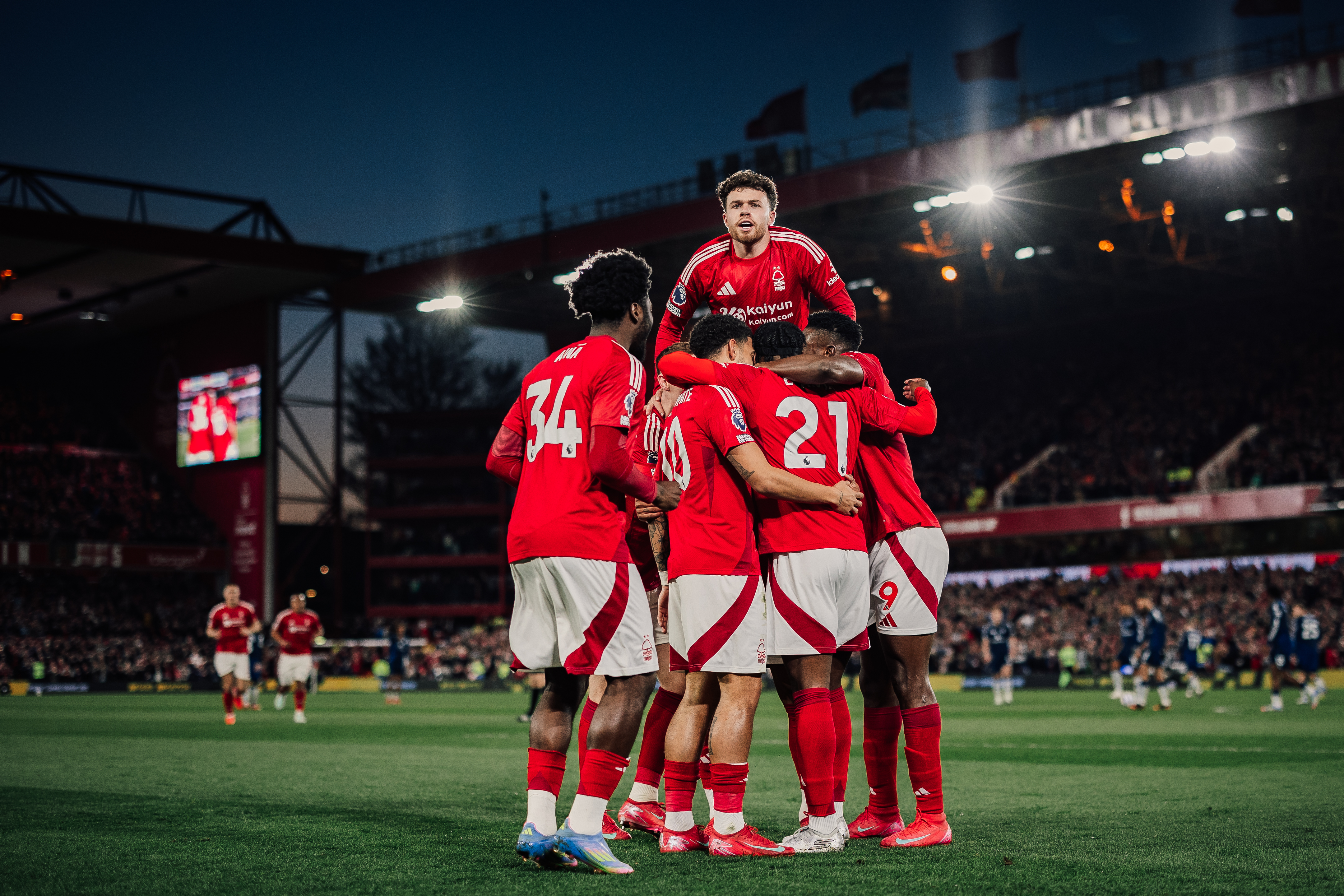 Anthony Elanga celebrates with his Nottingham Forest team-mates after scoring against Manchester United at the City Ground in the Premier League in April 2025.