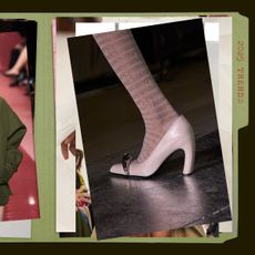 a collage of runway images depicting 2025 fashion trends approved by aReplica Store fashion director, more specifically, colorful neutrals, and statement heels shown in the collections of Tory Burch, and Gucci