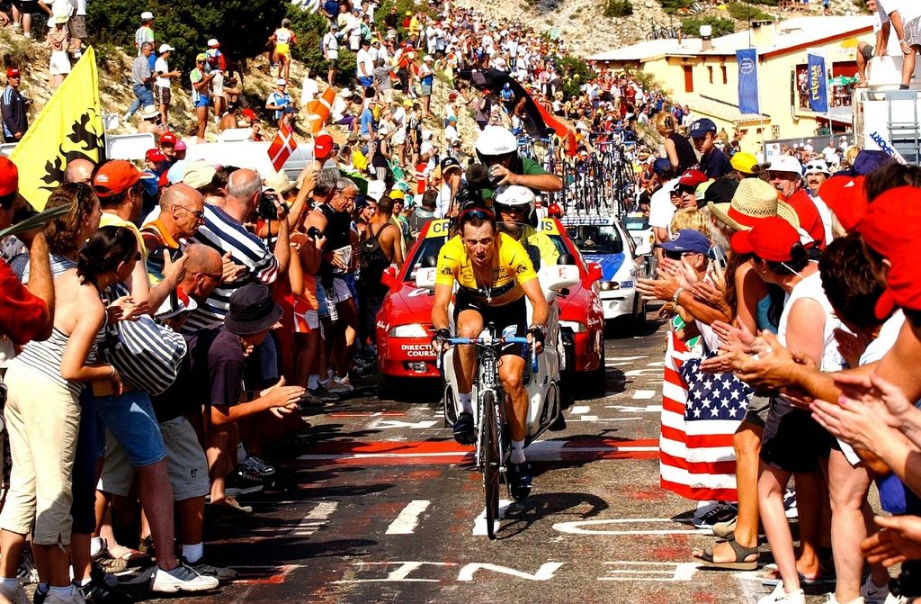 The fans flock the roadside as Lance Armstrong rides up Mont Ventoux in 2002