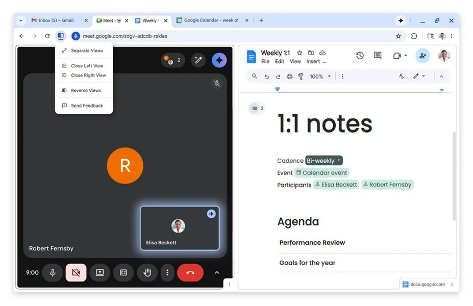 Google Chrome's split view lets users place the content of two tabs in one view, reducing the need to hop between apps while working.