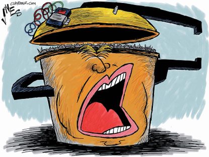 Political cartoon U.S. 2016 election Donald Trump bomb scare