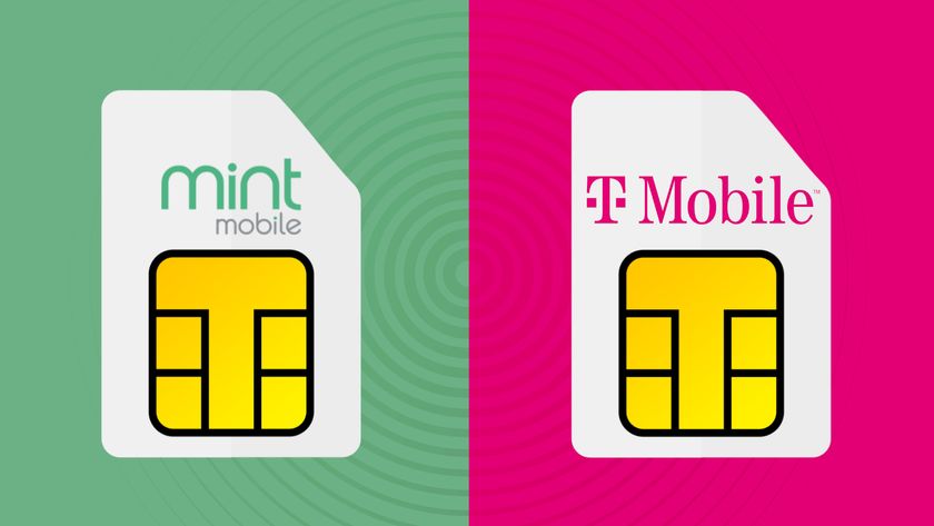 Mint Mobile and T-Mobile branded SIM cards on a green and magenta background