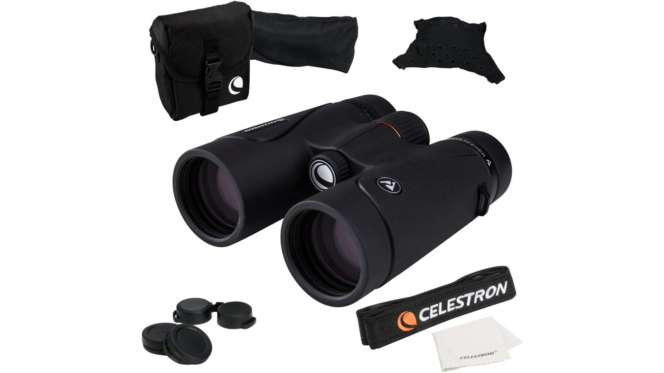 Celestron Trailseeker 8x42 and accessories on a white background