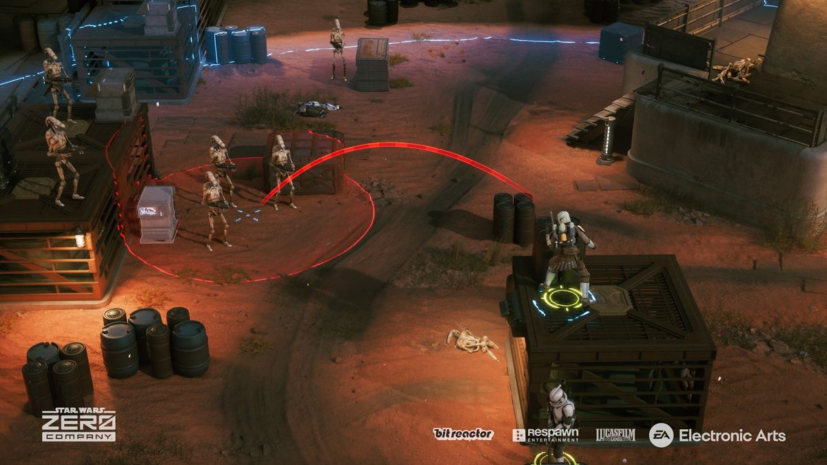 Still from the turn-based tactics video game 'Star Wars: Zero Company'. A bounty hunter is standing on top of a large box (they have the high ground). They are preparing to throw a grenade at a group of enemy droids below (they are highlighted by a red circle).