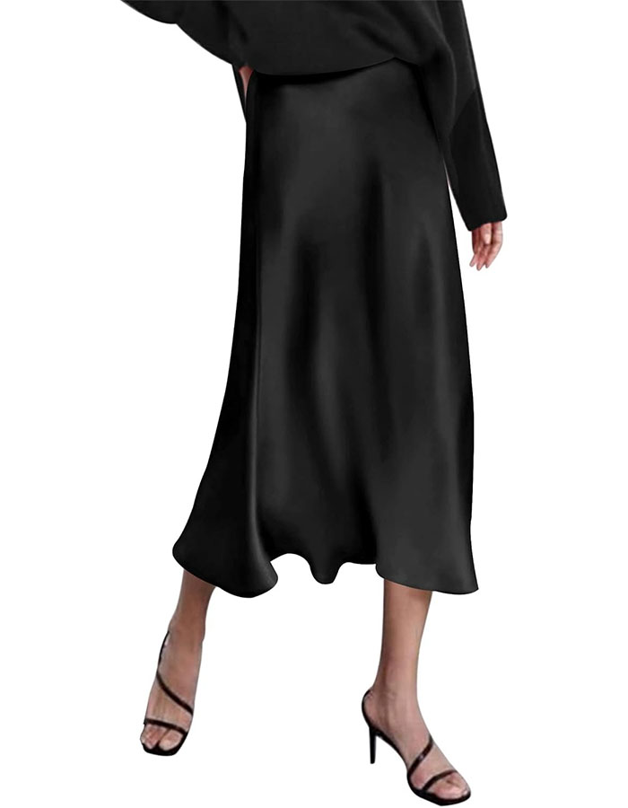 Hotouch Casual Skirts for Women Trendy High Waist Zipper Skirt Black Elegant Midi Skirt Satin Black Midi Skirt Small