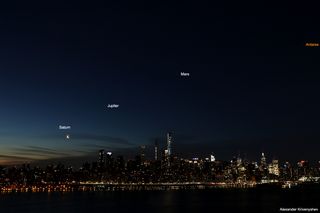 Alexander Krivenyshev of WorldTimeZone.com captured this shot of the crescent moon, Saturn, Jupiter, Mars and the red star Antares arcing over the Big Apple on Feb. 20, 2020.