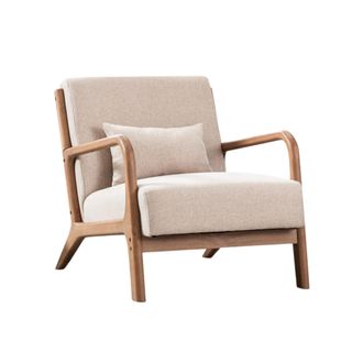 A wood mid century modern chair with white upholstery