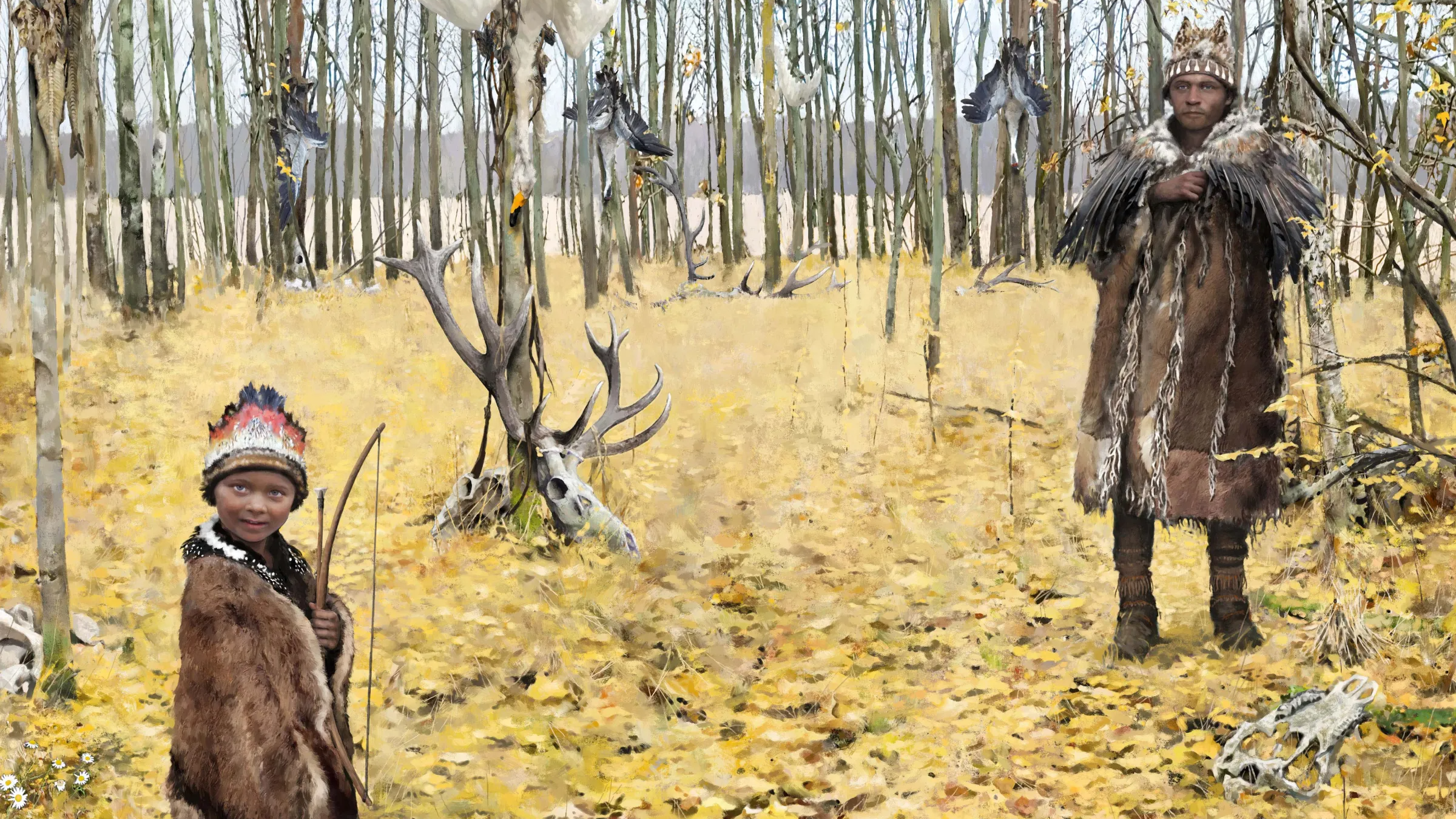 reconstruction drawing of a Paleolithic man and a child in a forest