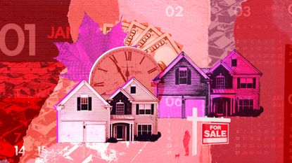 A red and pink illustration featuring houses overlaid on calendar dates and money