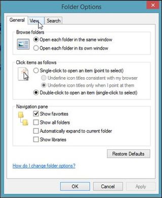 select view tab in folder options