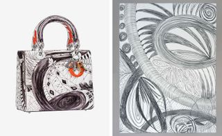 Two images, Left- White and black designed handbag, Right a design print