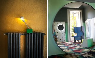 The photo to the left shows an old-school black radiator with a green desk lamp on it. The photo to the right shows a round mirror in which a blue armchair and other pieces of furniture are reflected.