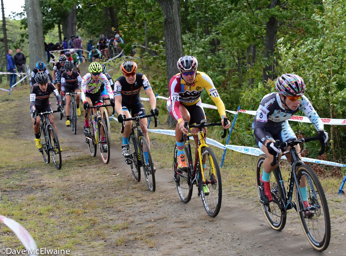 Arley Kemmerer (Level Up Racing) riding in ninth position followed by Meredith Miller at the end of the start loop