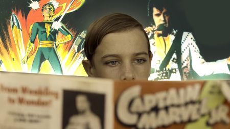 Elvis trailer still, Captain Marvel, Jr. art, and Elvis album cover in a collage