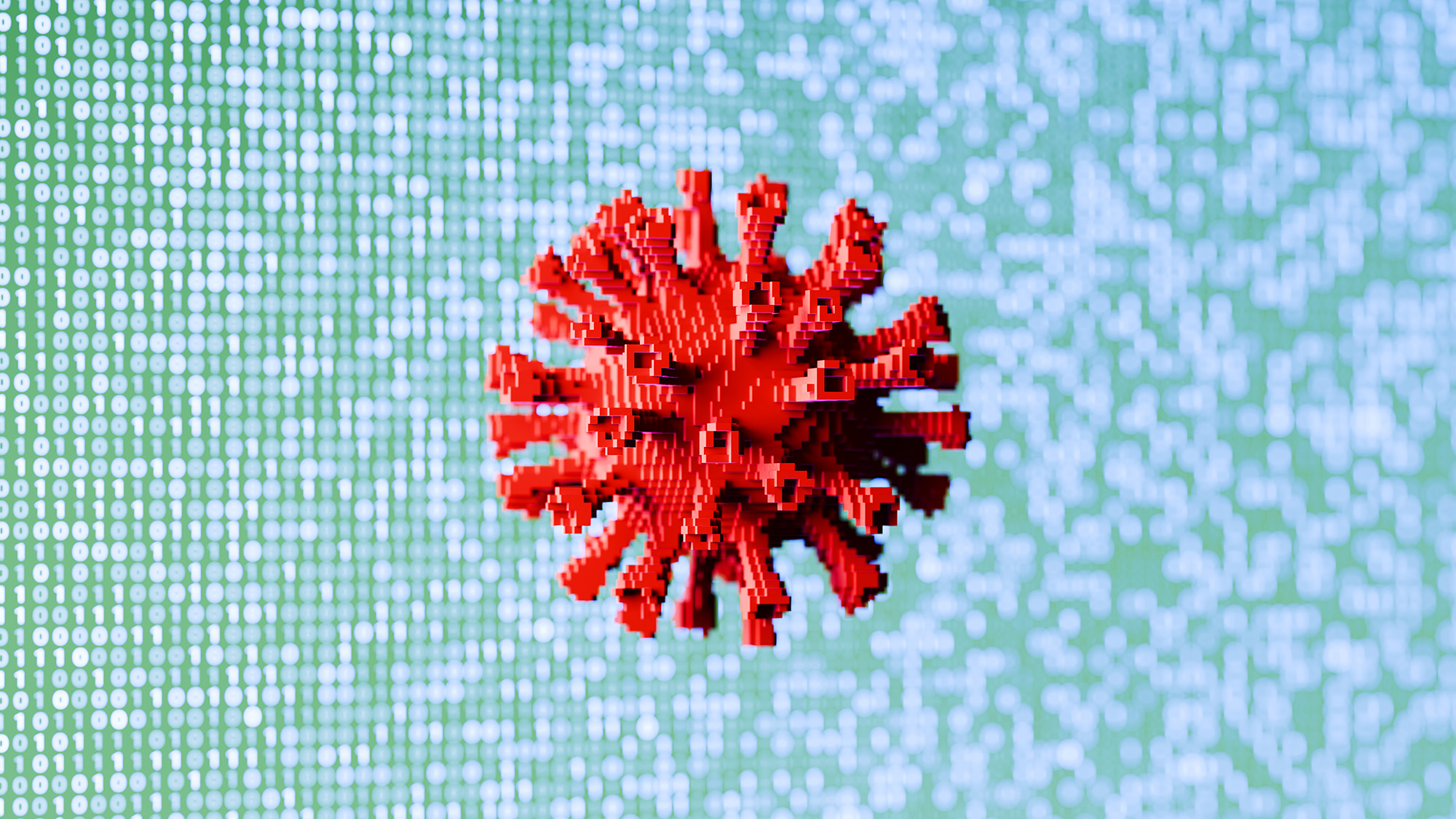 A pixelated view of a virus against a blue background