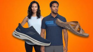 A man and woman wearing Skechers apparel