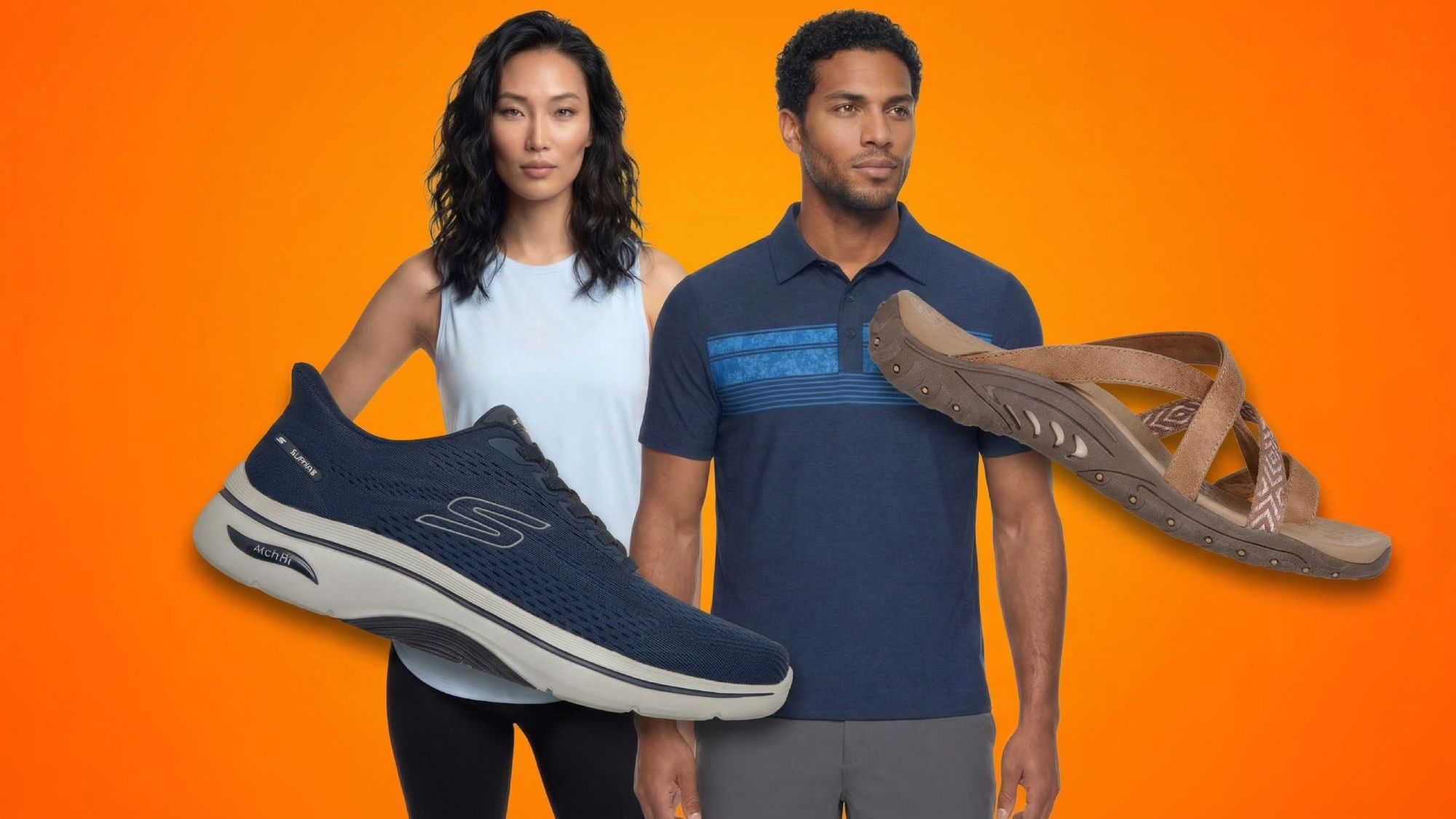 A man and woman wearing Skechers apparel