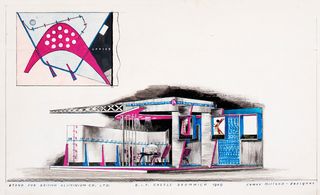 Image of a sketch in clack and white with pink and blue colour added of an exhibition stand