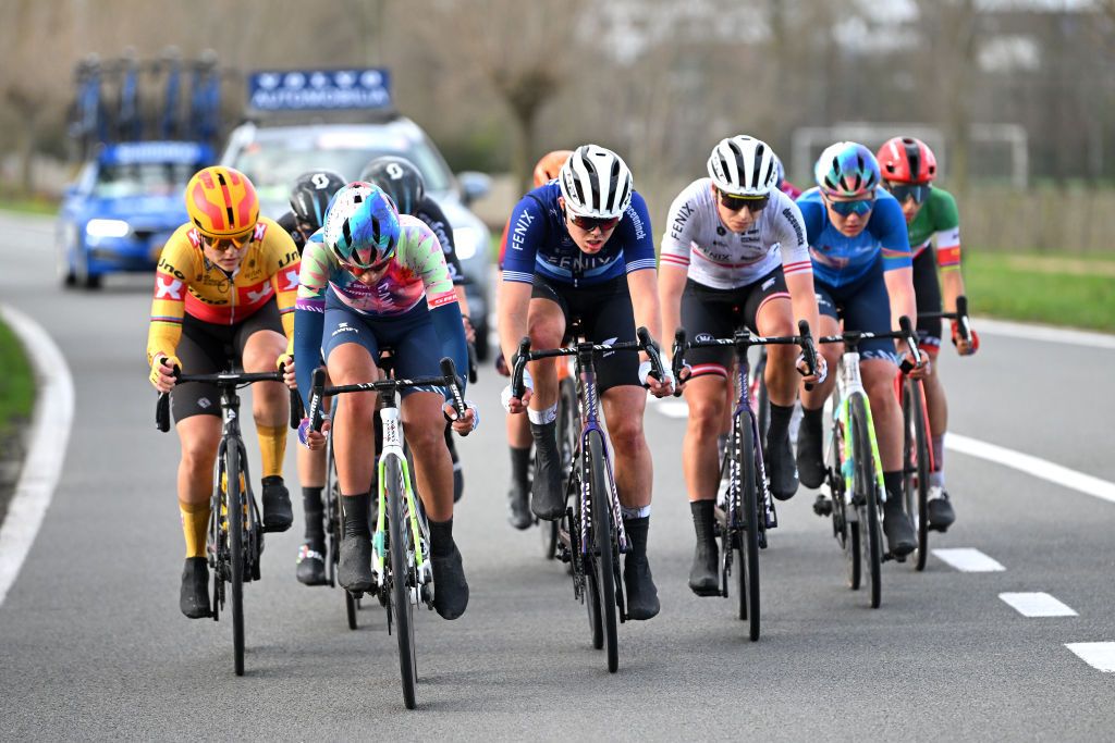 Julie De Wilde - center - (Fenix-Deceuninck) was part of the winning move before she crashed out of the Classic Brugge-De Panne