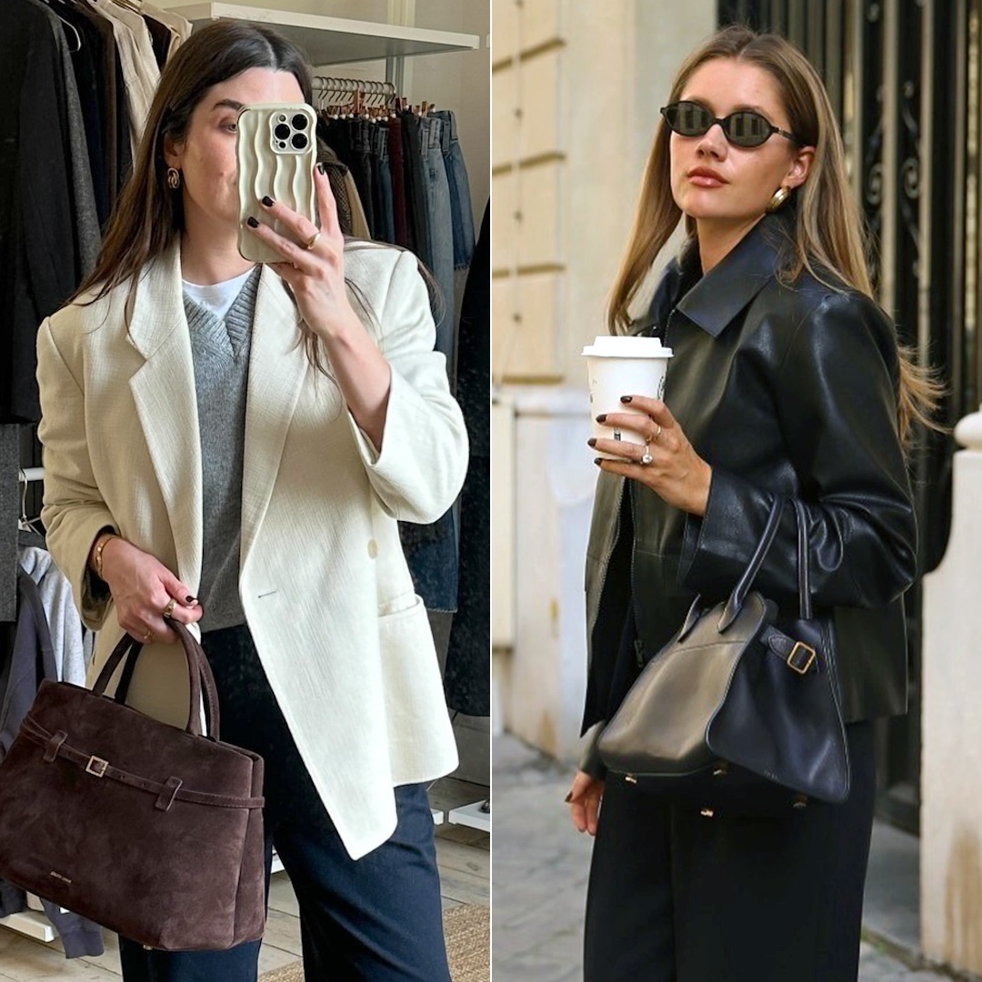 British style influencer Anna Newton poses with a brown suede Manu Atelier Le Cambon 35 tote bag and Lovisa Barkman poses in Paris with a black The Row Margaux bag