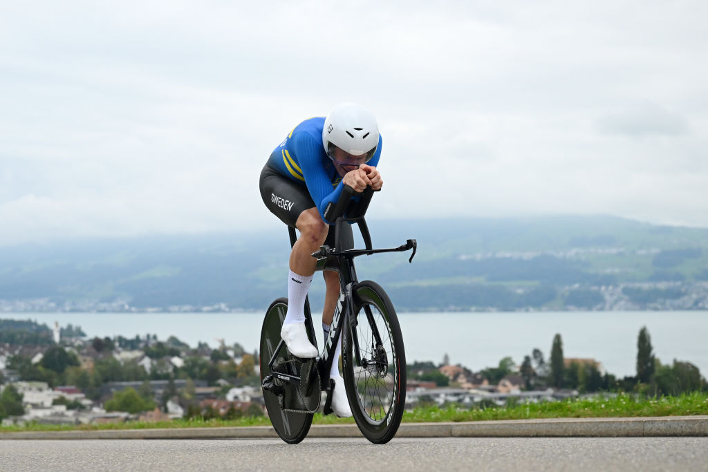 ZURICH, SWITZERLAND - SEPTEMBER 23: Jakob Soderqvist of Team Sweden sprints during the 97th UCI Cycling World Championships Zurich 2024, Men&#039;s U23 Individual Time Trial a 29.9km one day race from Zurich to Zurich on September 23, 2024 in Zurich, Switzerland. (Photo by Dario Belingheri/Getty Images)