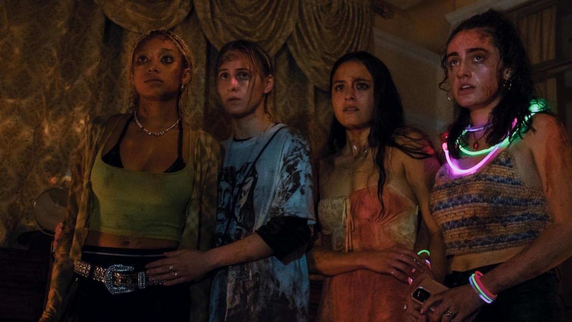 Chase Sui Wonders, Amandla Stenberg, Rachel Sennott, and Maria Bakalova in Bodies Bodies Bodies