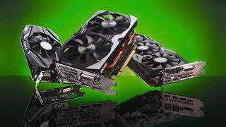 three graphics cards with green background