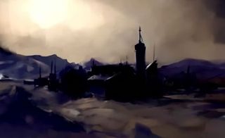 video game still of sinister Antarctic landscape in shadows