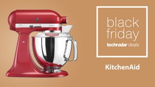 The KitchenAid Artisan stand mixer in empire red on a beige background