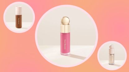 Rare Beauty: The Soft Pinch Blush, the tinted moisturizer and the positive light liquid luminizer/ in a pink and orange template