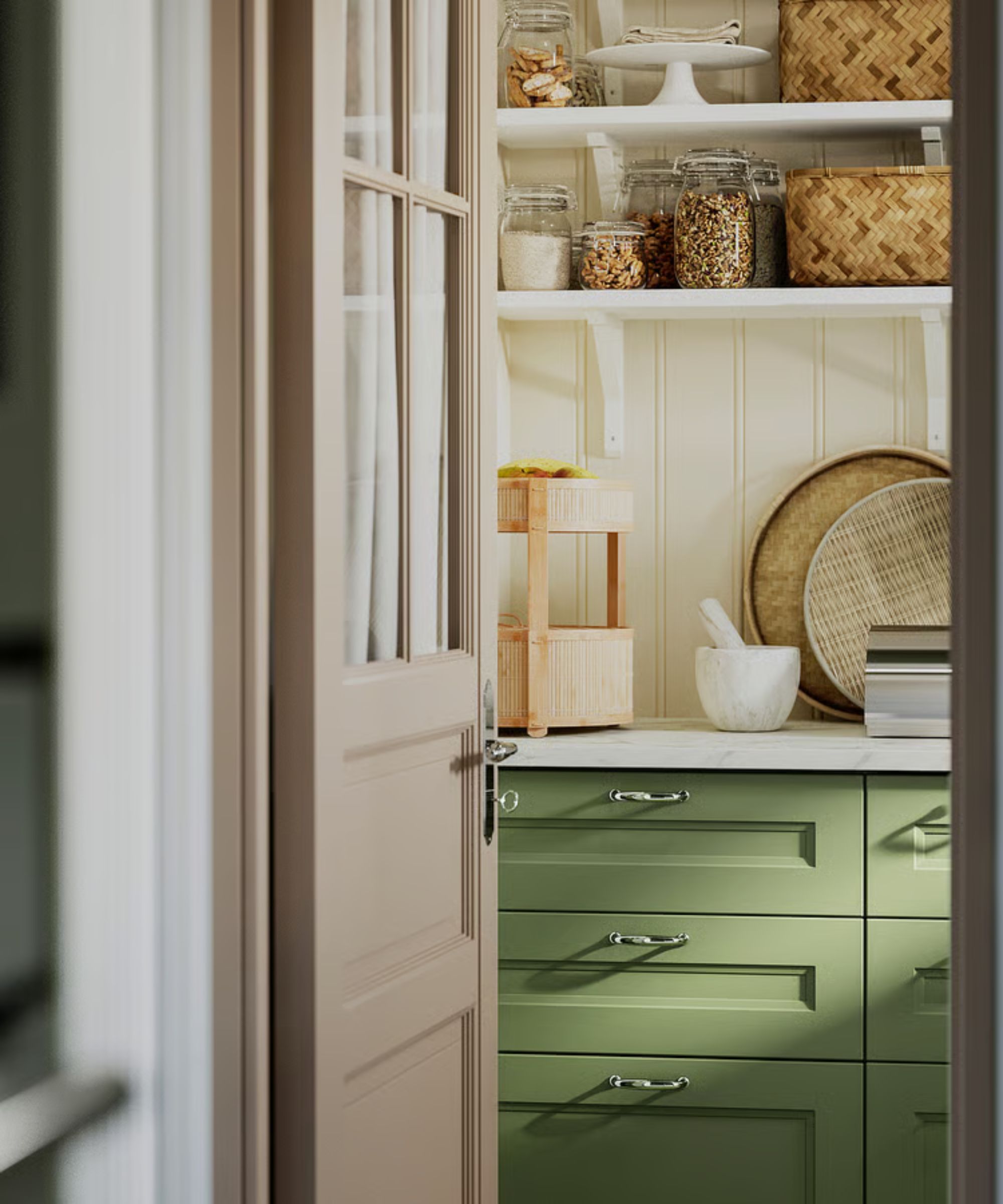 Pantry with sage green Shaker cabinets and glass jars