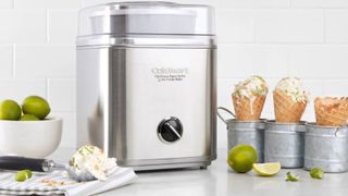 the cuisinart pure indulgence ice cream maker with ice creams and lime around it