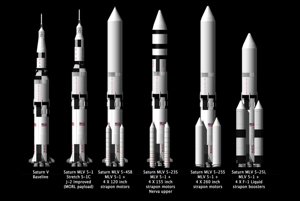 During the Apollo program, NASA investigated many options for uprating the Saturn V, from stretching the 1st stage to adding enormous solid rocket boosters, and even a nuclear powered upper stage – NERVA – that could be used for missions to Mars.