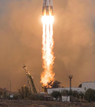 The Soyuz MS-02 rocket is launched with Expedition 49 Soyuz commander Sergey Ryzhikov of Roscosmos, flight engineer Shane Kimbrough of NASA, and flight engineer Andrey Borisenko of Roscosmos, Wednesday, Oct. 19, 2016 at the Baikonur Cosmodrome in Kazakhst