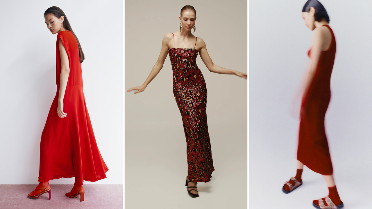 Brand campaign imagery including models wearing red dresses