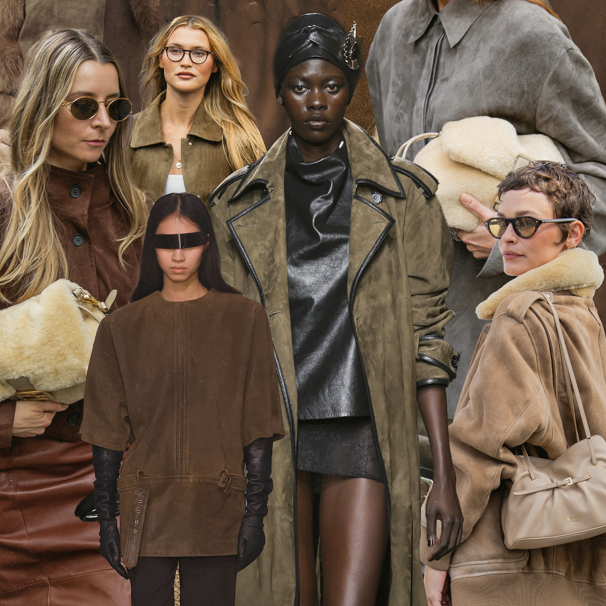 models wearing various items of suede clothing and accessories